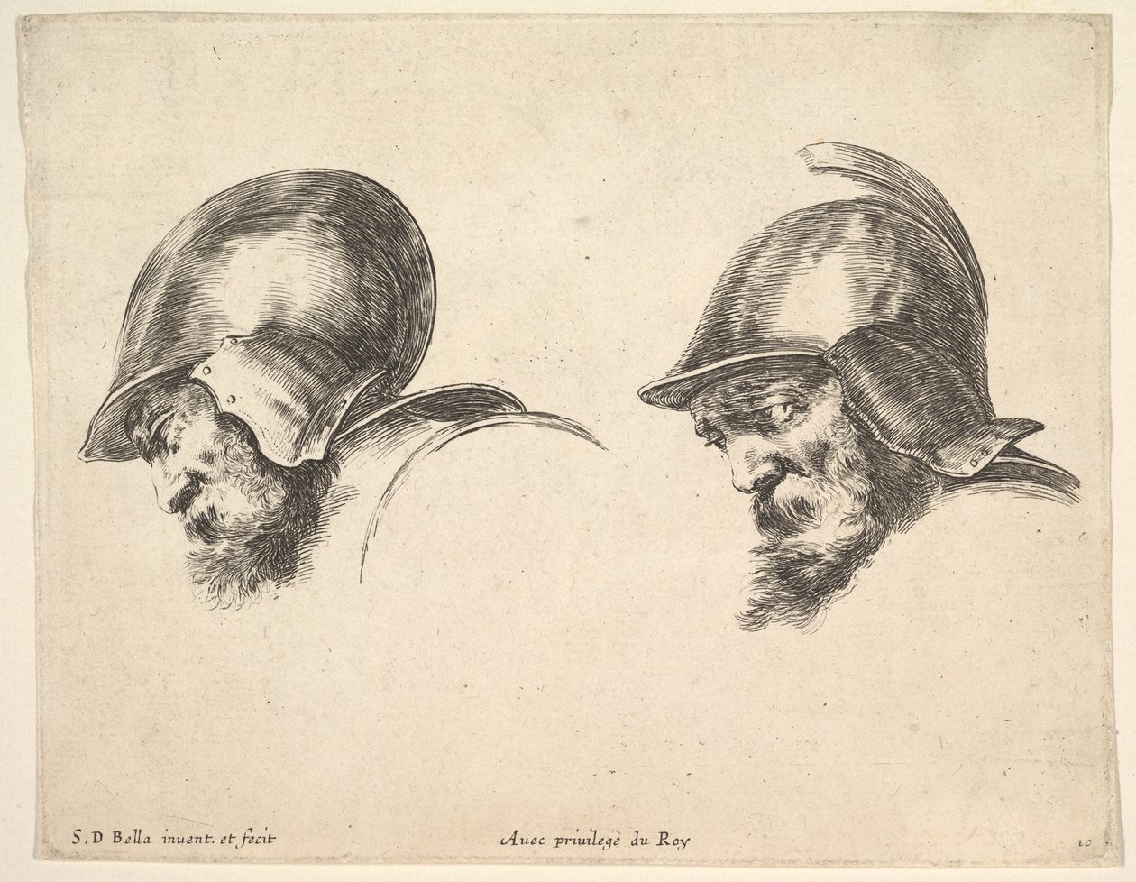 Platte 10: zwei Köpfe alter Soldaten mit Helmen, beide nach links blickend und nach unten schauend..., ca. 1641 von Stefano della Bella
