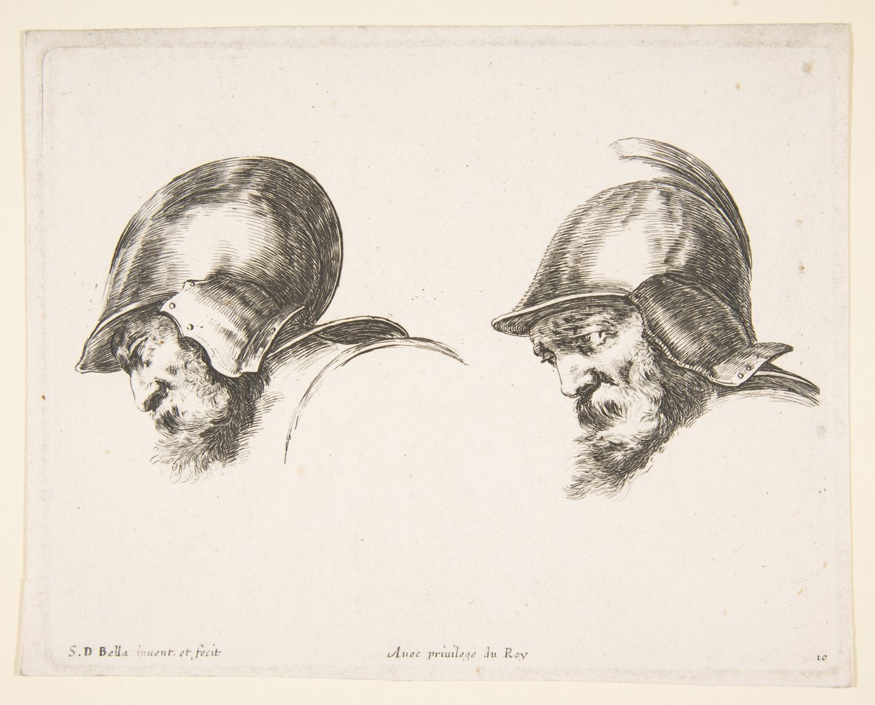 Tafel 10: zwei Köpfe alter Soldaten mit Helmen, beide nach links blickend und nach unten schauend..., ca. 1641 von Stefano della Bella