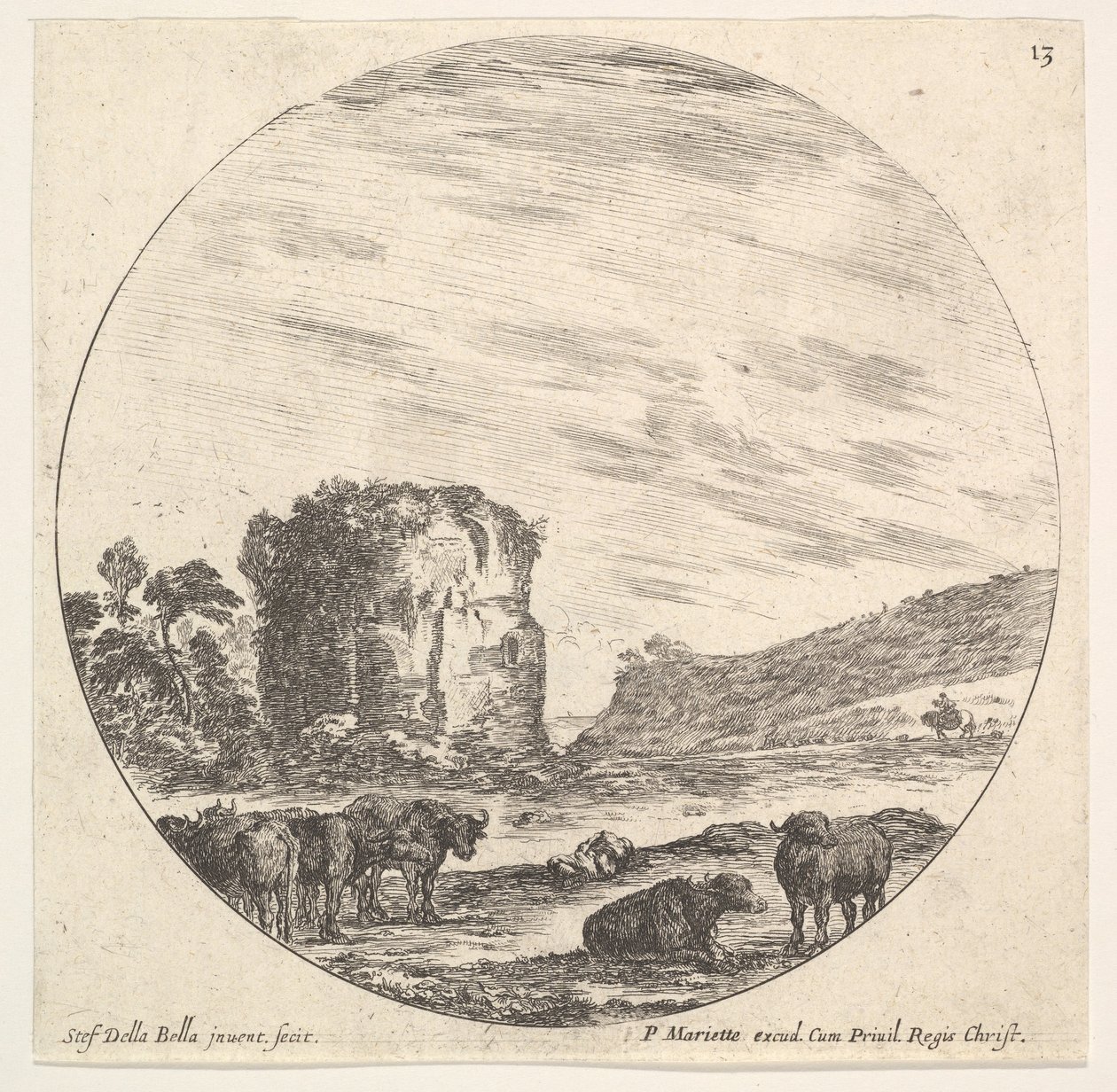 Platte 13: Ruinen eines antiken Tempels im Hintergrund, eine Herde Kühe im Vordergrund, ca. 1643-48 von Stefano della Bella