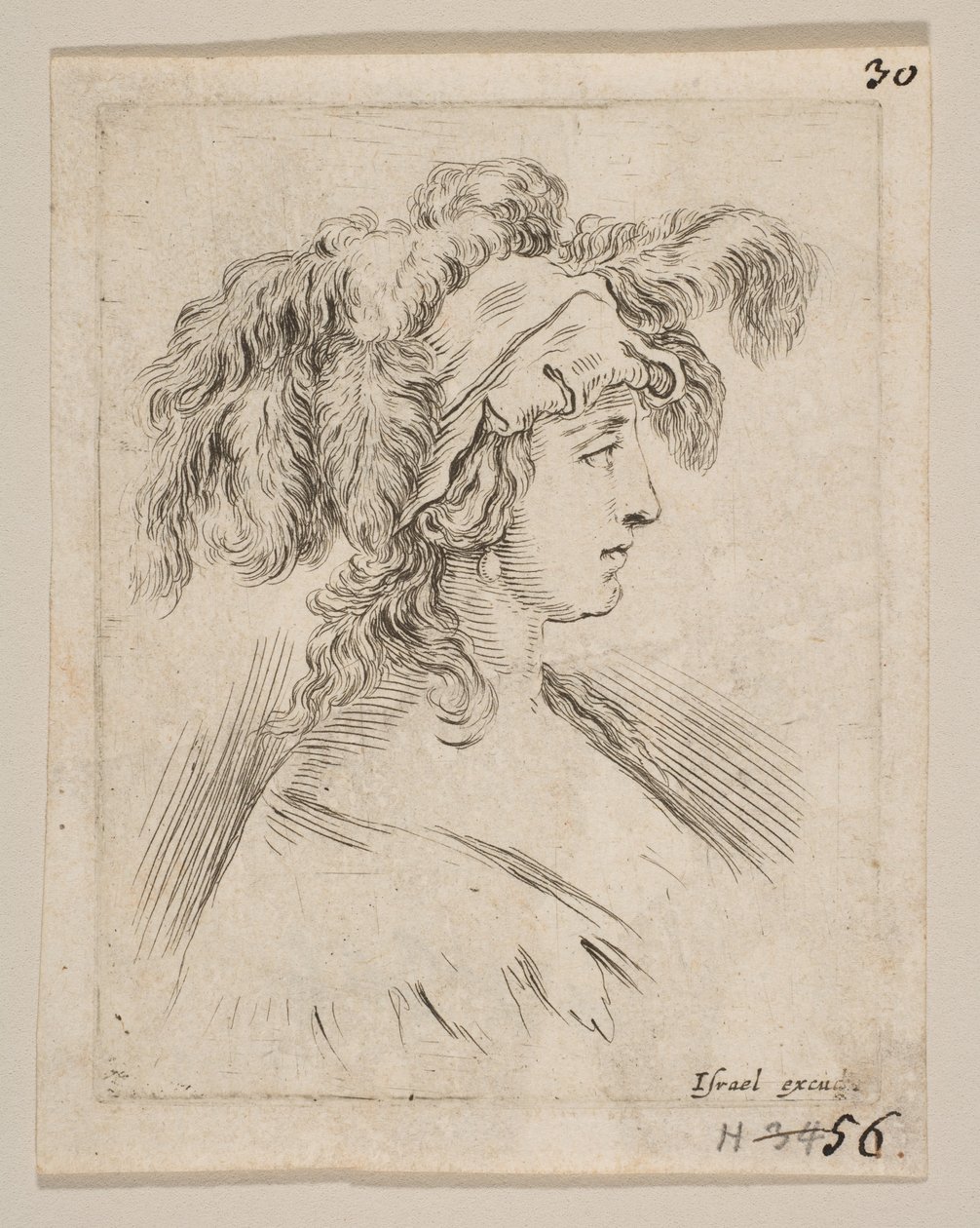 Tafel 15: Halbporträt einer jungen Frau im Profil mit einem Hut mit Federn, ca. 1649 von Stefano della Bella