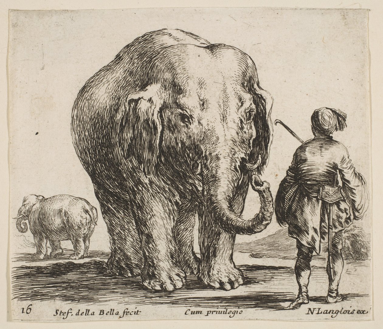 Blatt 16: Ein Elefant in der Mitte, sein Mahout steht rechts und trägt eine orientalische Kopfbedeckung, ca. 1644-47 von Stefano della Bella