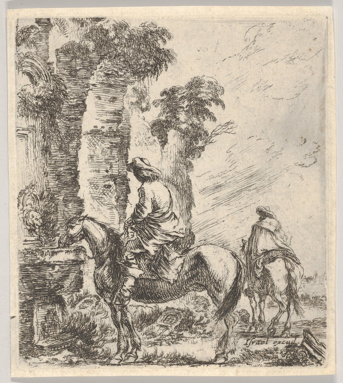 Reiter lässt sein Pferd aus einem Brunnen trinken von Stefano della Bella