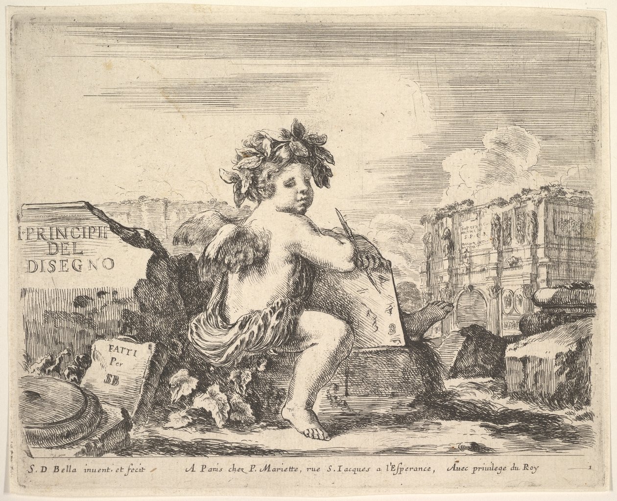 Tafel 1: das Genie des Zeichnens, ein Kind mit Flügeln, das in der Mitte auf einem Felsen sitzt und sich umdreht..., ca. 1641 von Stefano della Bella