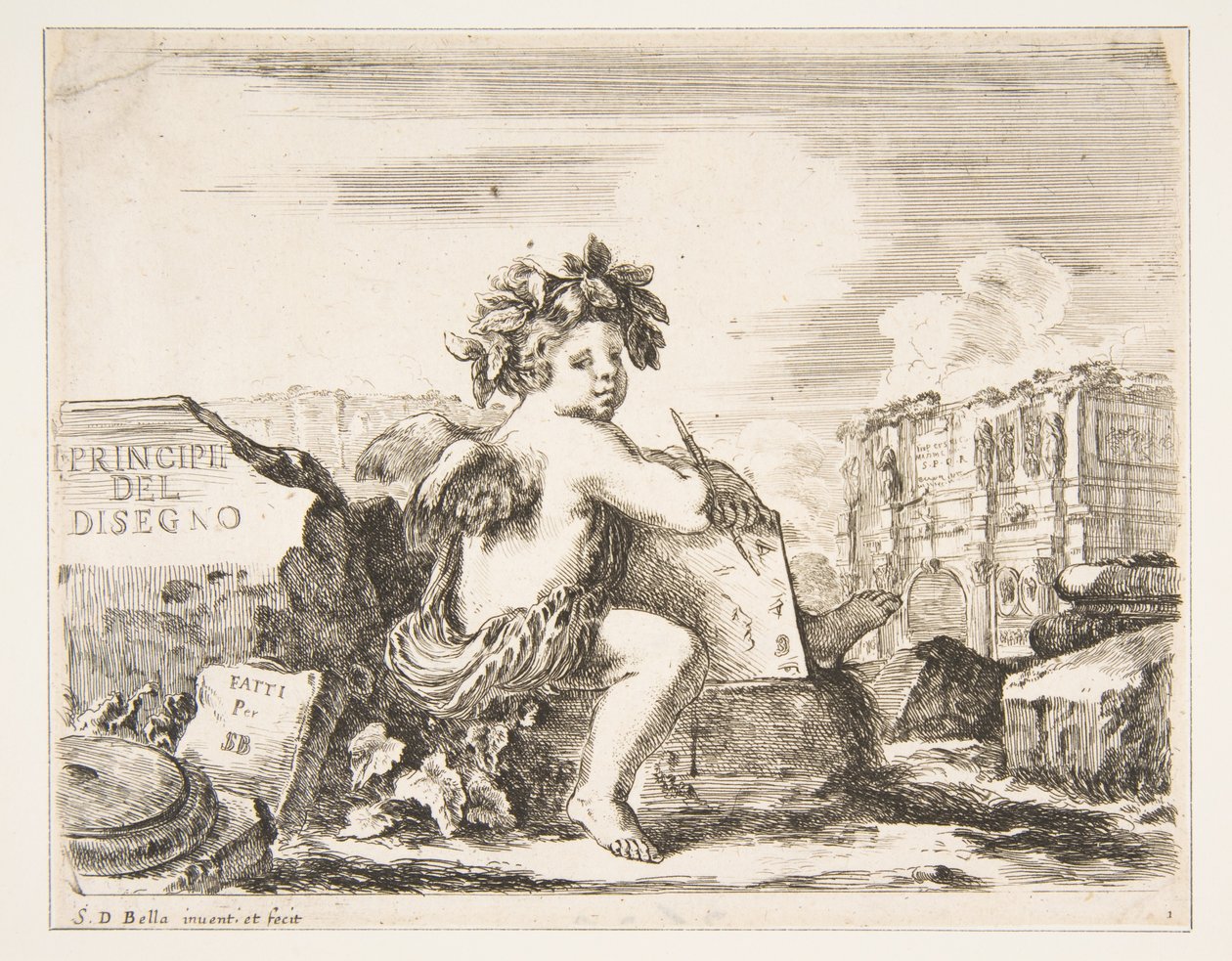 Tafel 1: das Genie des Zeichnens, ein Kind mit Flügeln, das auf einem Felsen in der Mitte sitzt, ca. 1641-43 von Stefano della Bella