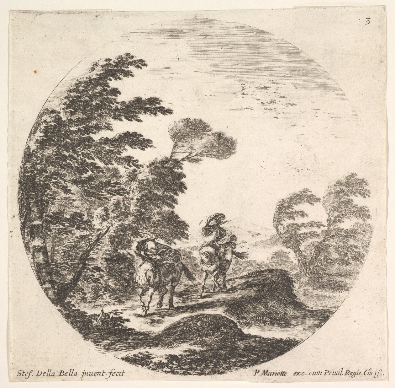 Tafel 3: Ein Sturm im Wald, zwei Reiter in ihren Mänteln eingehüllt, der Wind bläst, ca. 1643-48 von Stefano della Bella
