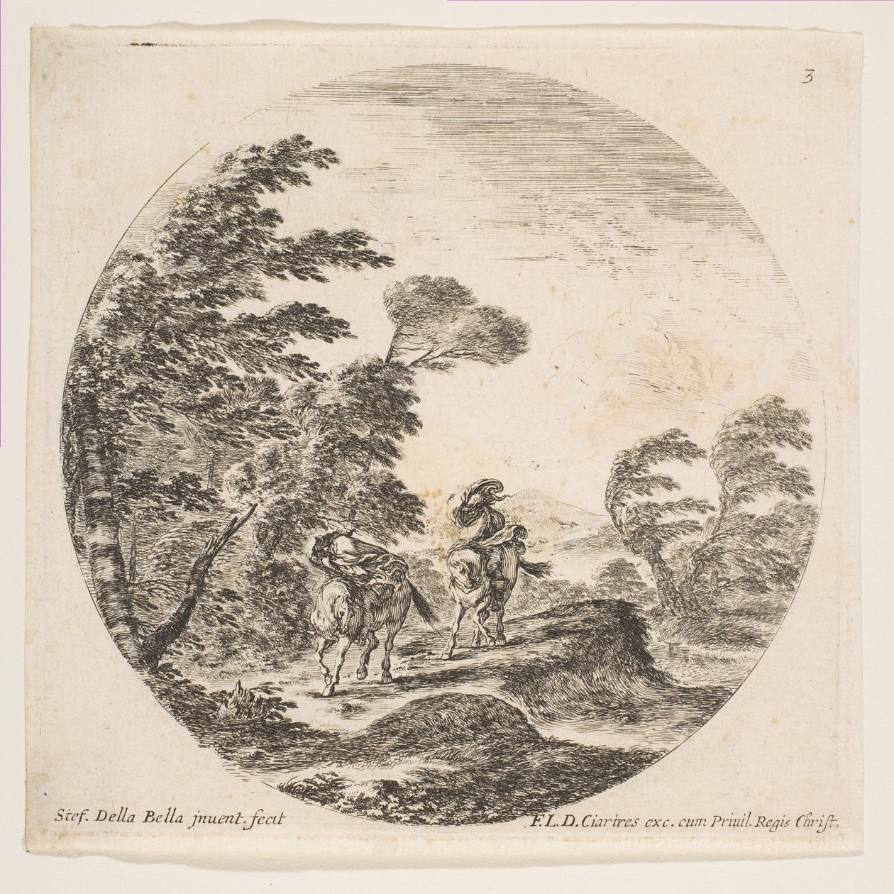 Tafel 3: ein Sturm im Wald, zwei Reiter in ihre Mäntel gehüllt, mit dem Wind blo..., ca. 1646 von Stefano della Bella