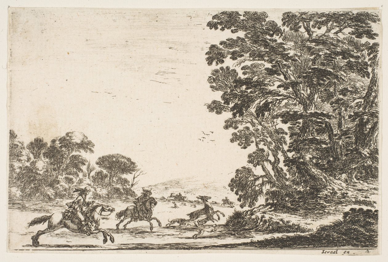 Tafel 4: Eine Hirschjagd, zwei Reiter galoppieren nach links hinter drei Hunden und einem Hirsch, 1642 von Stefano della Bella