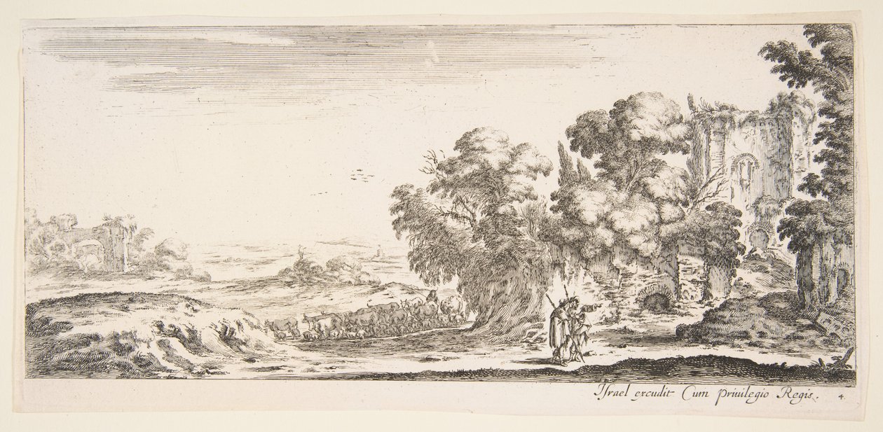 Tafel 4: zwei Pilger beobachten Ruinen rechts, einer zeigt nach rechts, ein Hirte..., ca. 1641 von Stefano della Bella