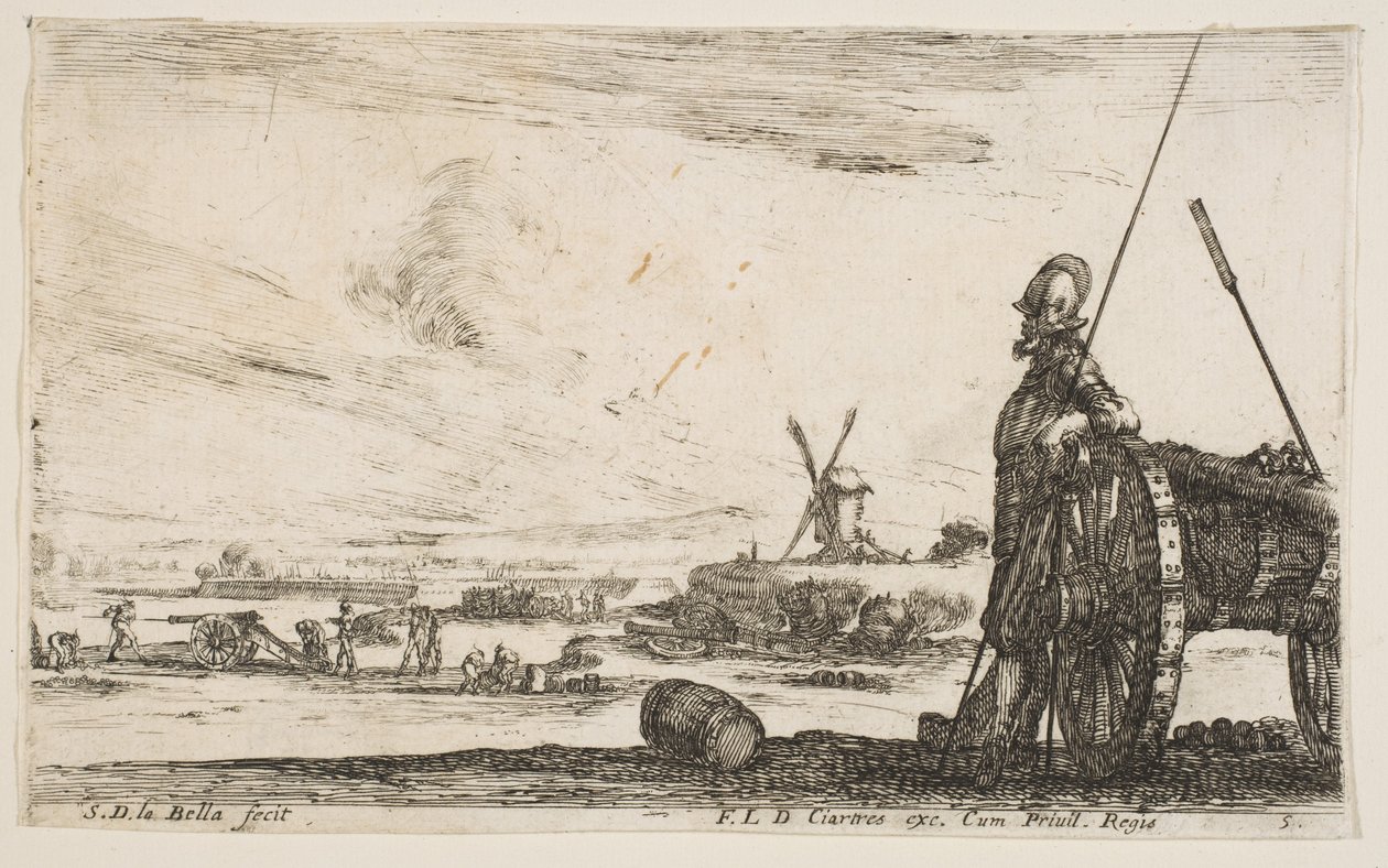 Tafel 5: Ein Pikenier steht rechts neben einer Kanone, andere Militärfiguren von Stefano della Bella
