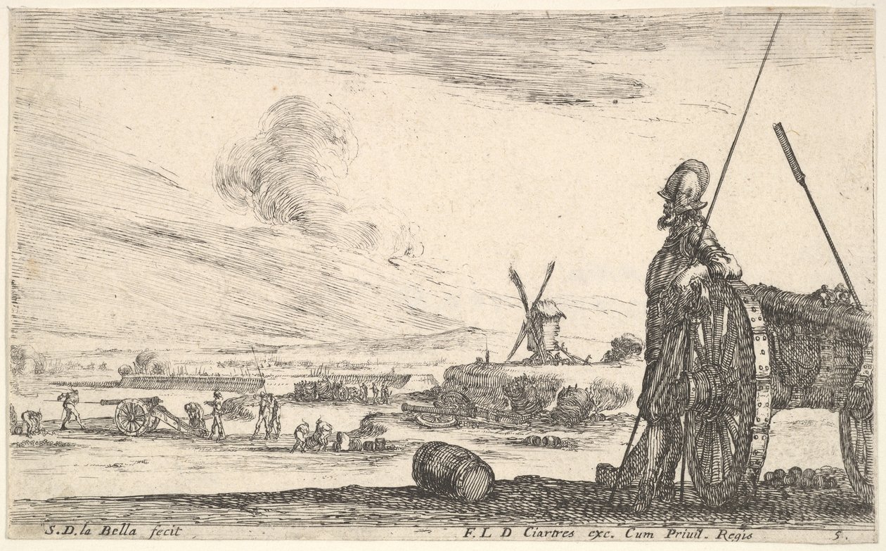 Platte 5: Ein Pikenier steht rechts neben einer Kanone, andere Militärfiguren im Hintergrund, ca. 1641 von Stefano della Bella
