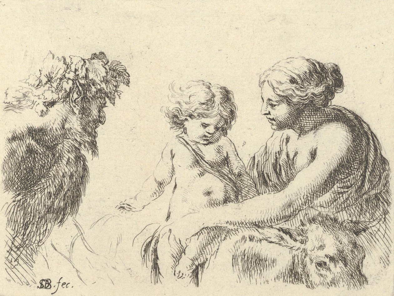 Tafel 6: eine Frau rechts hält ihr Kind, das auf einem Esel sitzt, ein Satyr links, ca. 1646 von Stefano della Bella
