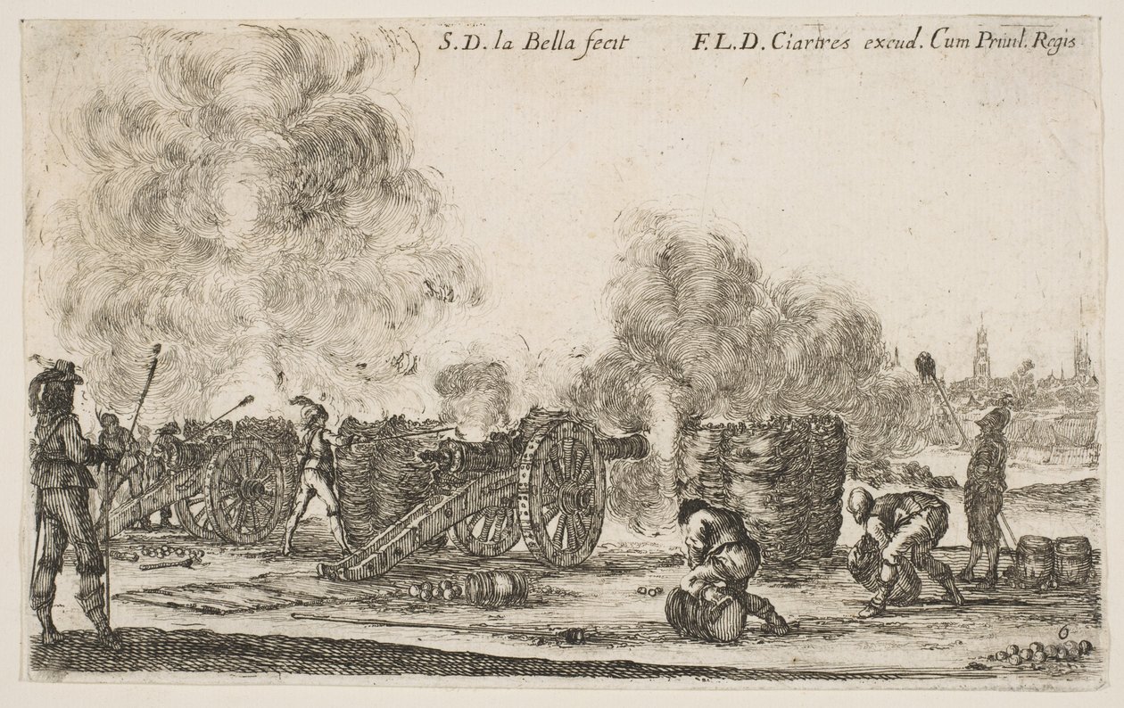 Tafel 6: Batterie von Kanonen, die auf eine Stadt feuern, aus Verschiedene Militärische Kaprizen, ca. 1641 von Stefano della Bella