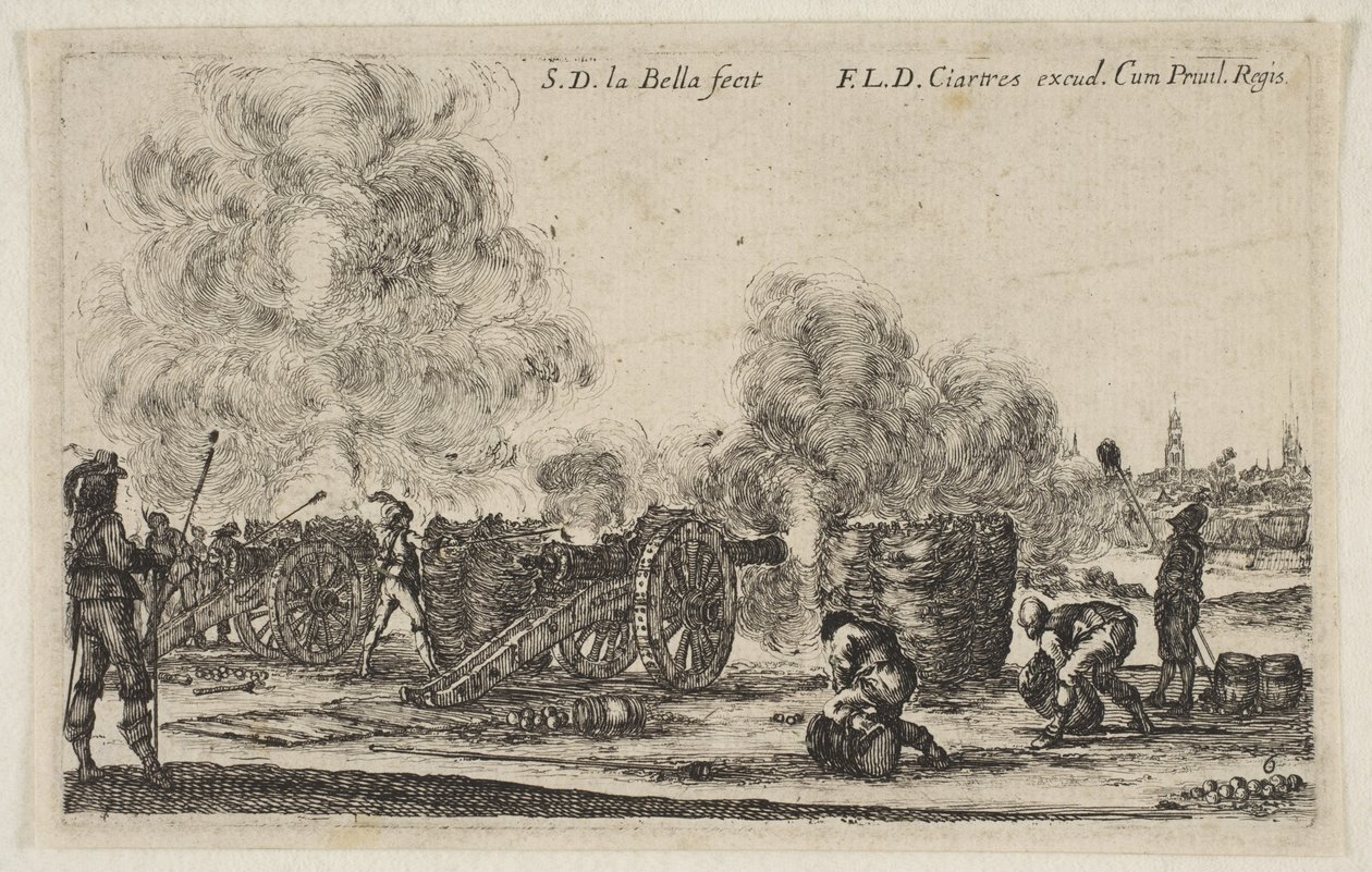 Tafel 6: Batterie von Kanonen, die auf eine Stadt feuern, aus Verschiedene militärische Capricci Varii, ca. 1641 von Stefano della Bella