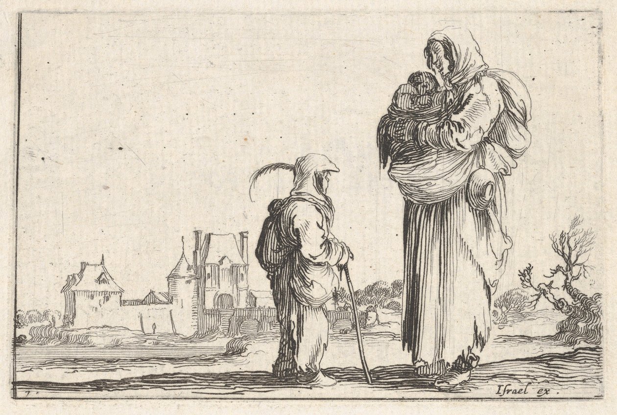 Tafel 7: eine Bäuerin trägt ein Kind nach rechts und spricht mit einem anderen Kind, das steht..., ca. 1642 von Stefano della Bella