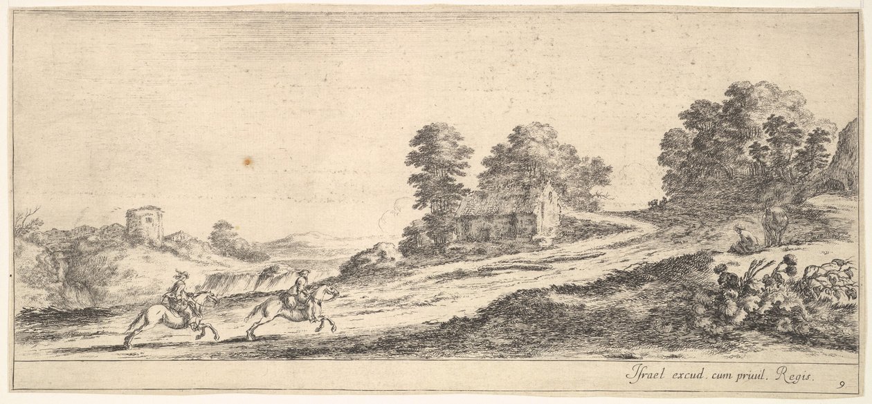 Tafel 9: zwei Reiter links galoppieren den Hügel hinauf nach rechts, ein Pferd und ein sitzender Mann, ca. 1641 von Stefano della Bella