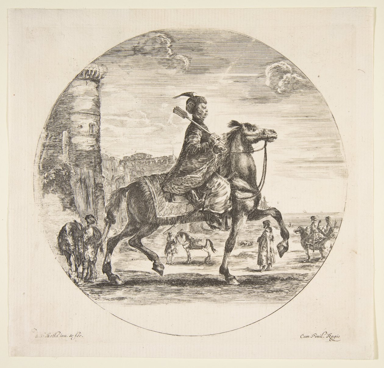 Polnischer Reiter im Profil nach rechts, ein Turm und andere Figuren auf Pferden im Hintergrund von Stefano della Bella