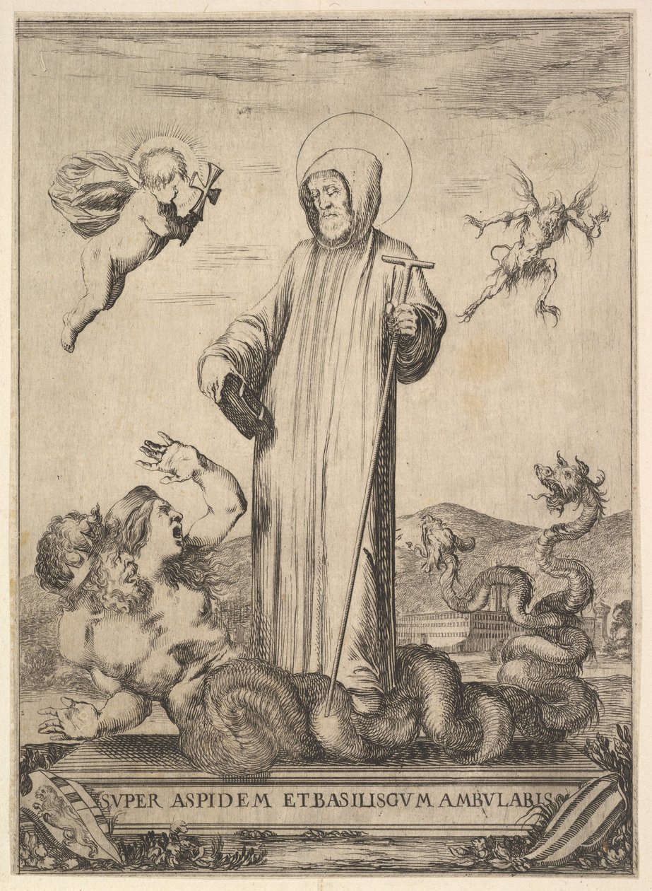 Heiliger Jean Gualbert, der ein Monster mit zwei menschlichen Köpfen und einem schlangenartigen Körper zertritt, ein fliegendes Wesen, 1640 von Stefano della Bella