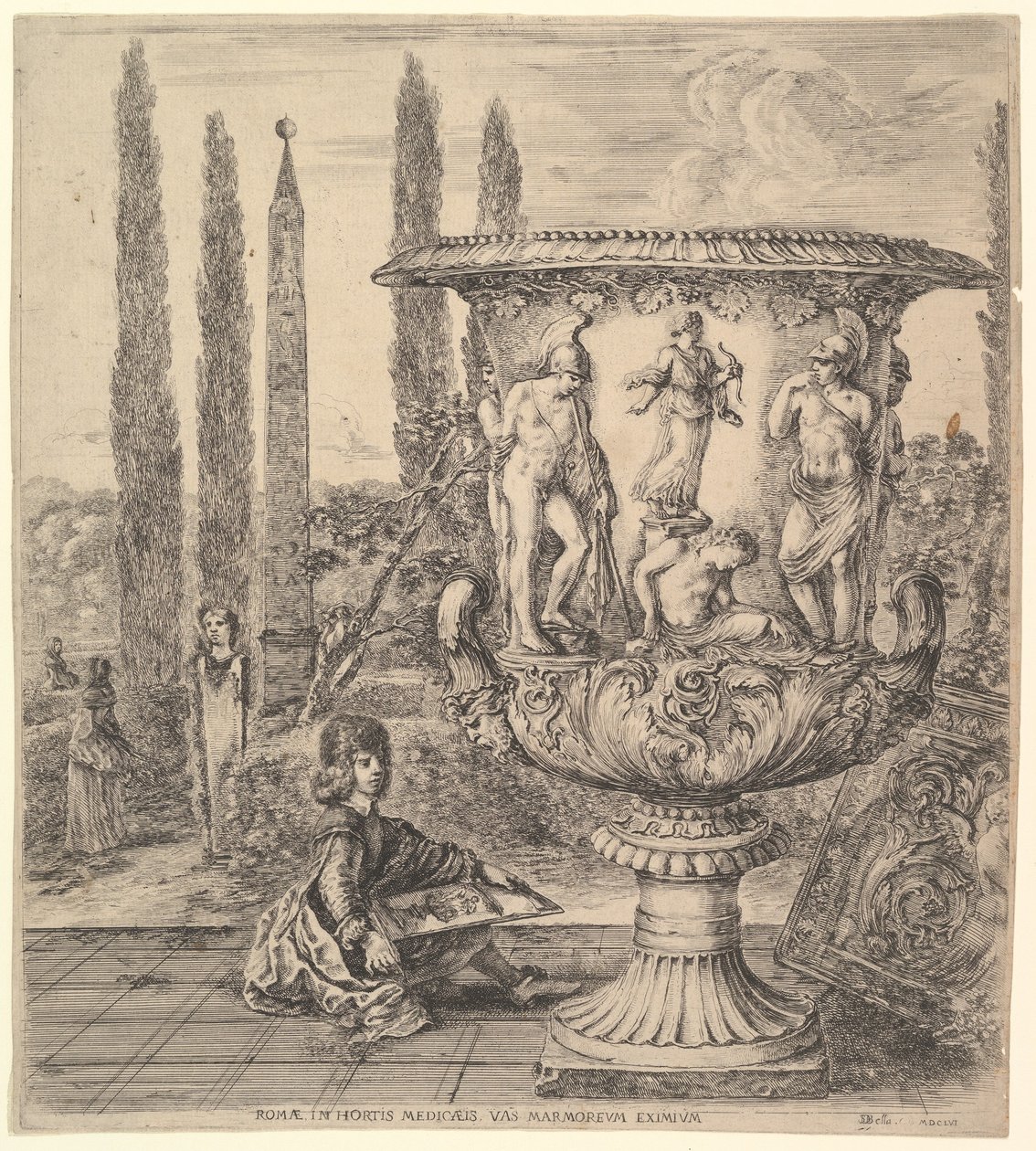 Die Medici-Vase, eine große Vase rechts, dekoriert mit einer Darstellung des Opfers von..., 1656 von Stefano della Bella