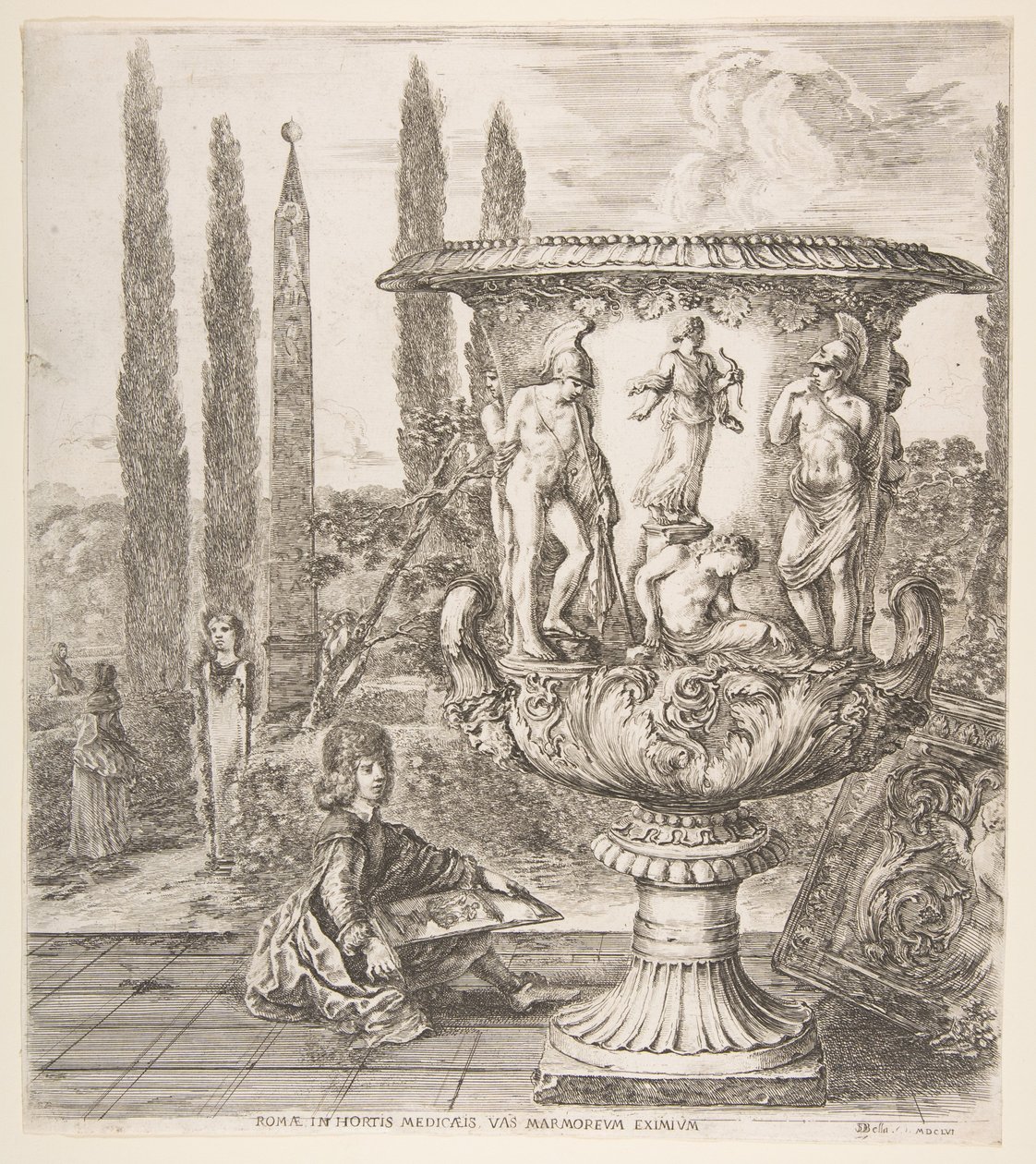Die Medici-Vase, eine große Vase rechts, dekoriert mit einer Darstellung des Opfers von Stefano della Bella