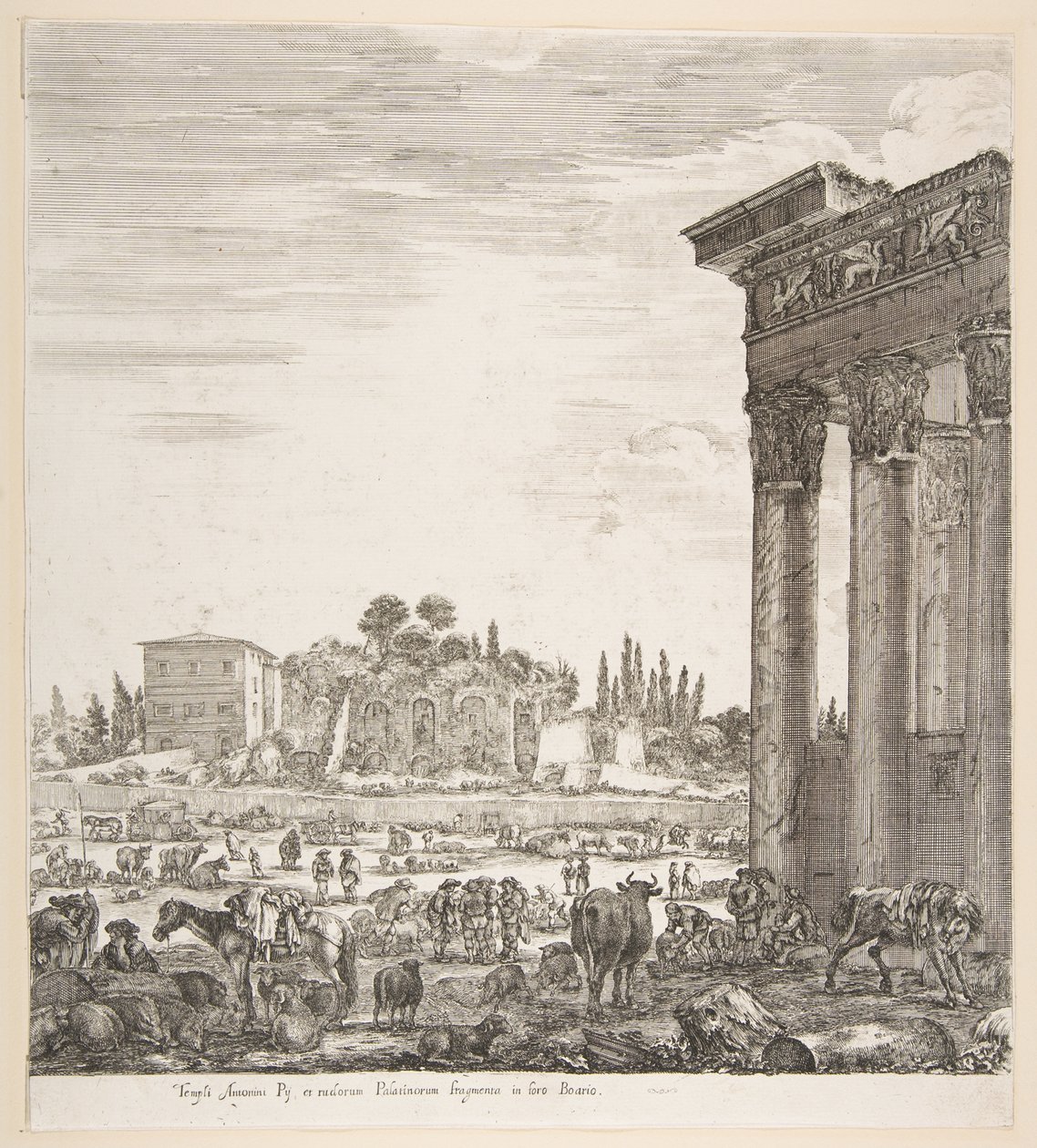 Die Säulen des Tempels des Antoninus rechts, ein Teil des Campo Vaccino in der Mitte und..., 1656 von Stefano della Bella