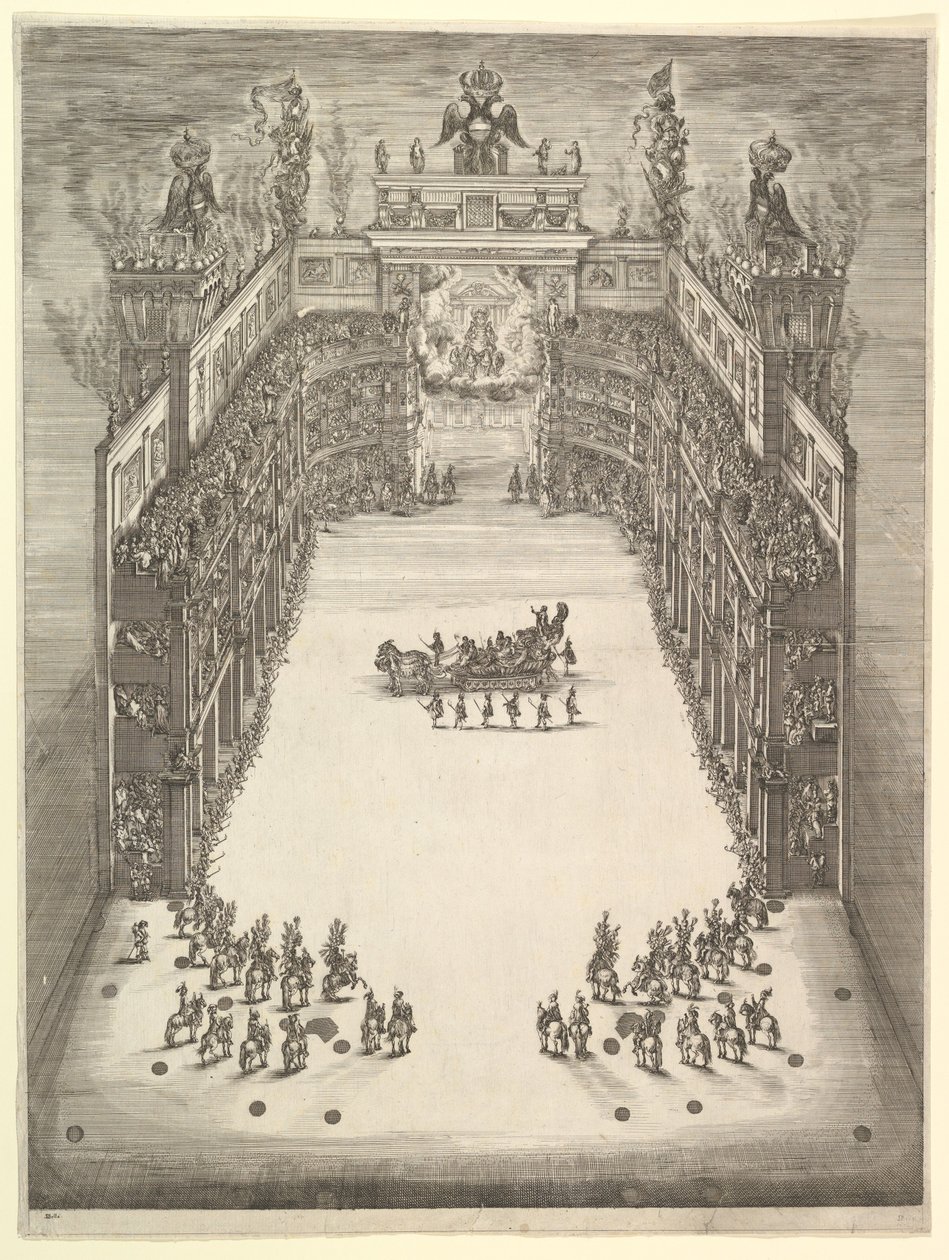 Theater in Modena, von oben gesehen und mit Zuschauern gefüllt, mit einem Triumphwagen in der Mitte von Stefano della Bella