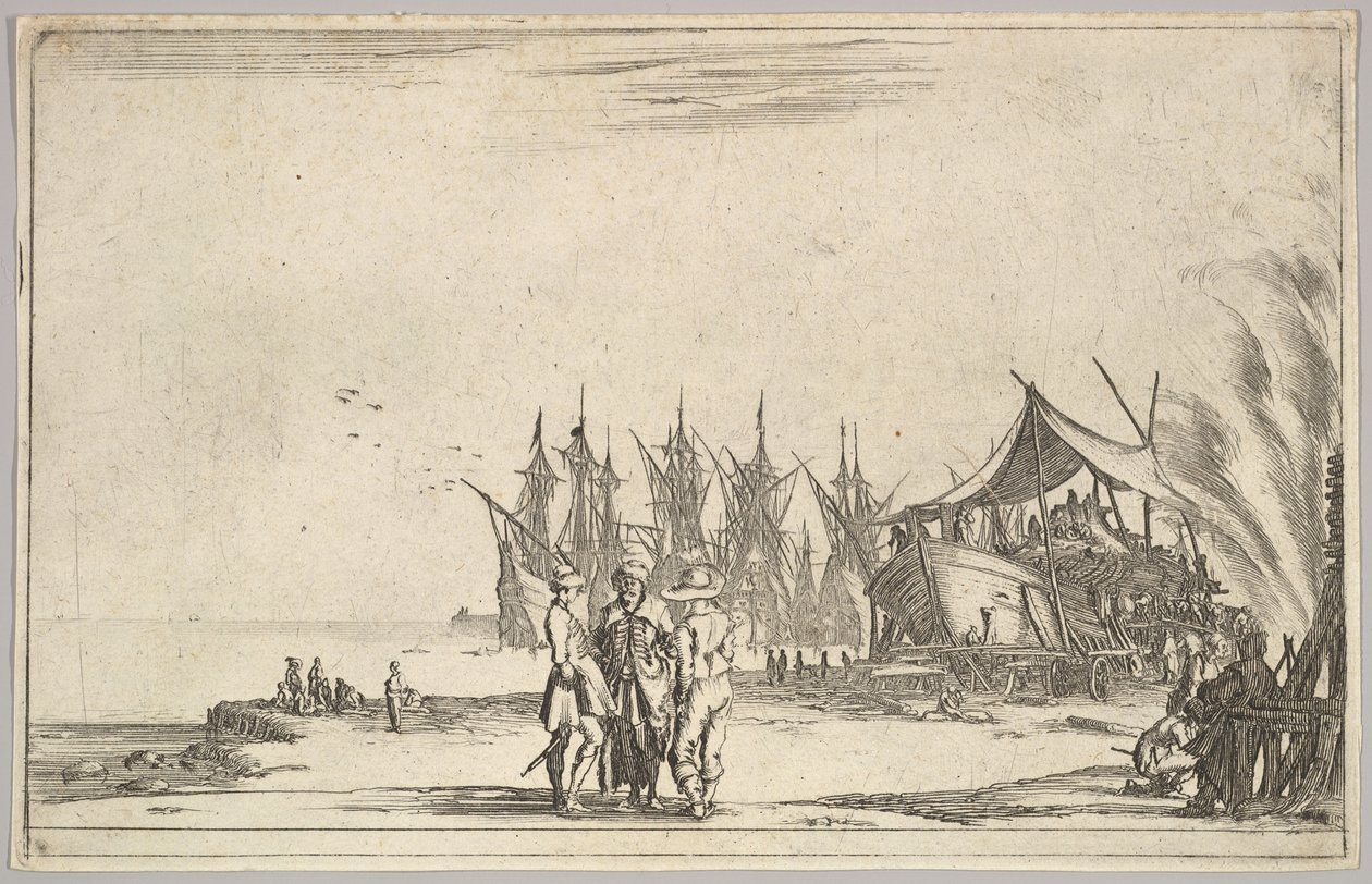 Drei Männer mit Hüten in der Mitte, Männer reparieren ein Schiff rechts, fünf Schiffe und verschiedene von Stefano della Bella