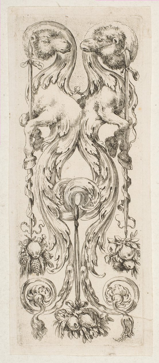 Zwei gegenüberliegende Kamelköpfe mit Körpern, die in Ornament enden, ca. 1653 von Stefano della Bella