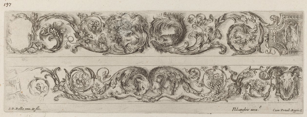 Zwei Zierbänder mit gegenüberliegenden Köpfen von Löwe und Adler und zwei Widdern, wahrscheinlich 1648 von Stefano della Bella