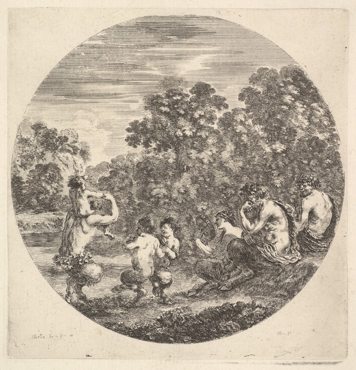 Zwei Satyrn und ein Faun sitzen rechts und beobachten zwei Kindersatyrn und einen weiteren Satyr, ca. 1643-48 von Stefano della Bella