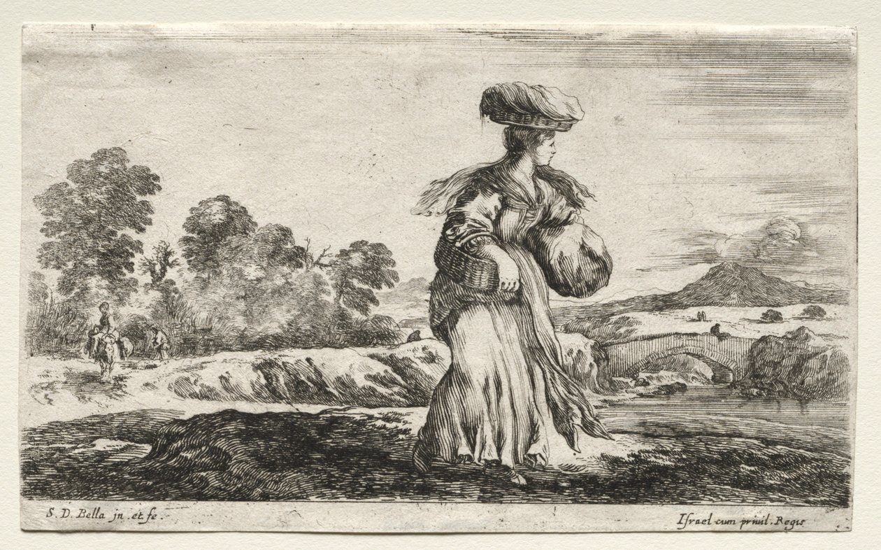 Verschiedene Figuren und Landschaften: Bäuerin mit einem Korb auf dem Kopf, 1649 von Stefano della Bella