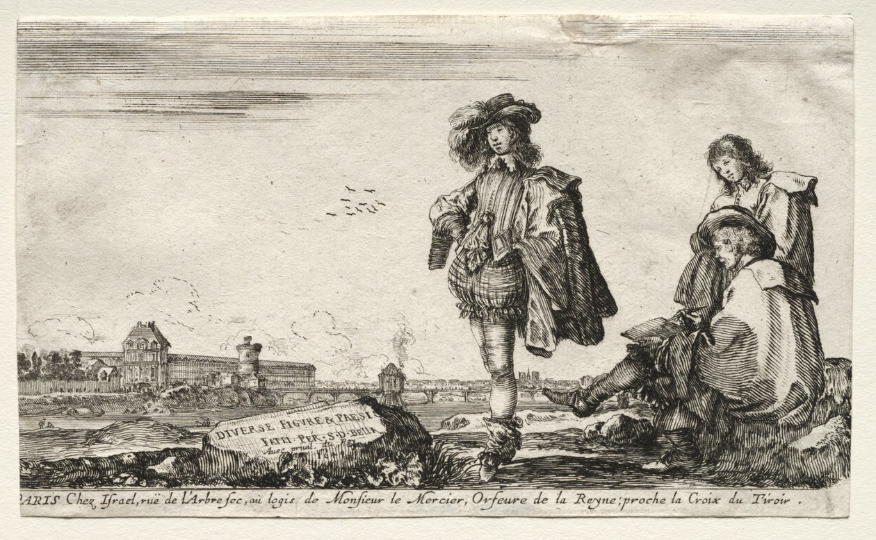 Verschiedene Figuren und Landschaften: Titelseite - Drei Figuren von Stefano della Bella