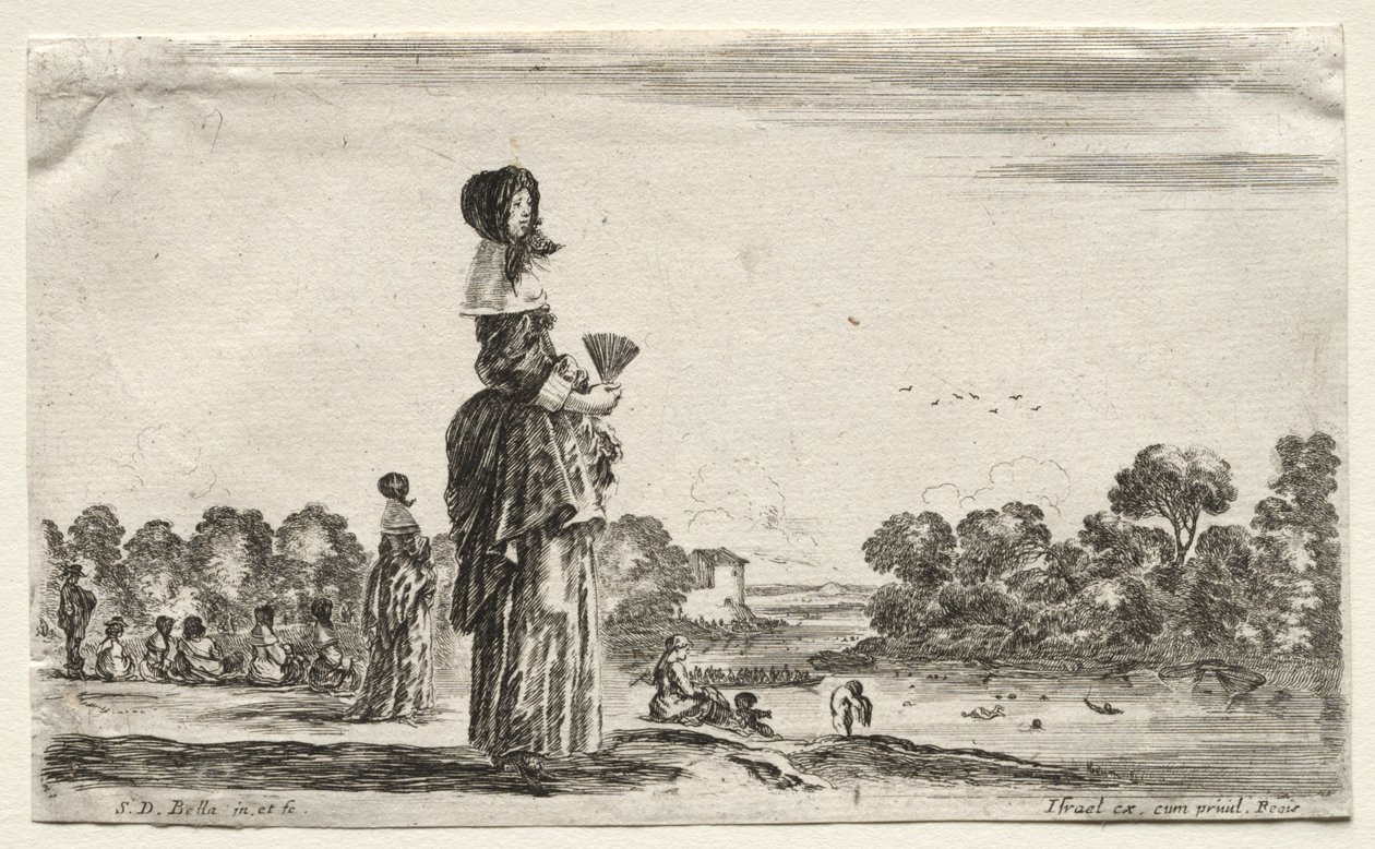 Verschiedene Figuren und Landschaften: Frauen beobachten Badende entlang eines Flusses von Stefano della Bella