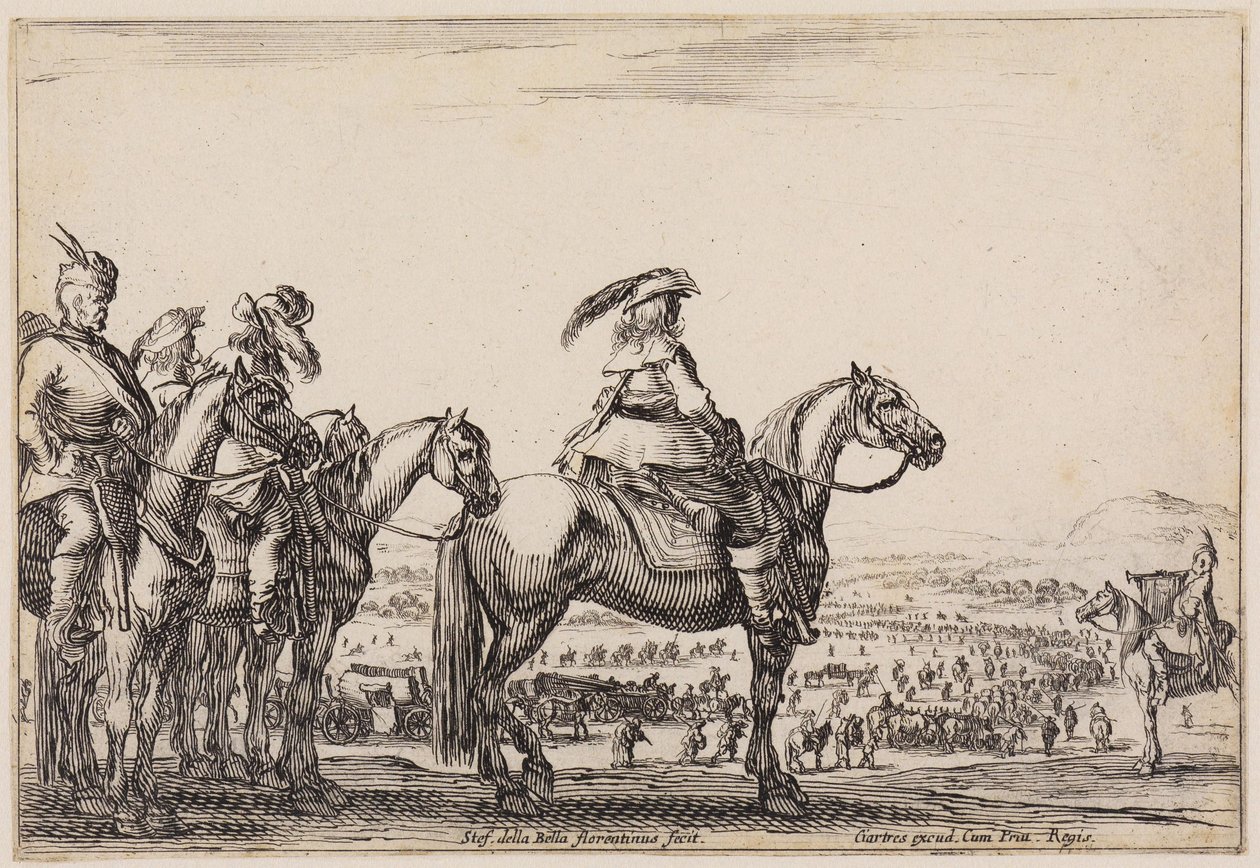 Verschiedene Figuren: Armee auf dem Marsch in der Ebene. Auf der Höhe im Vordergrund Kommandant und Begleiter, rechts Trompeter von Stefano della Bella