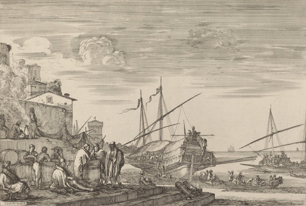 Ansicht mehrerer Häuser am Hafen, wahrscheinlich ca. 1654-1655 von Stefano della Bella