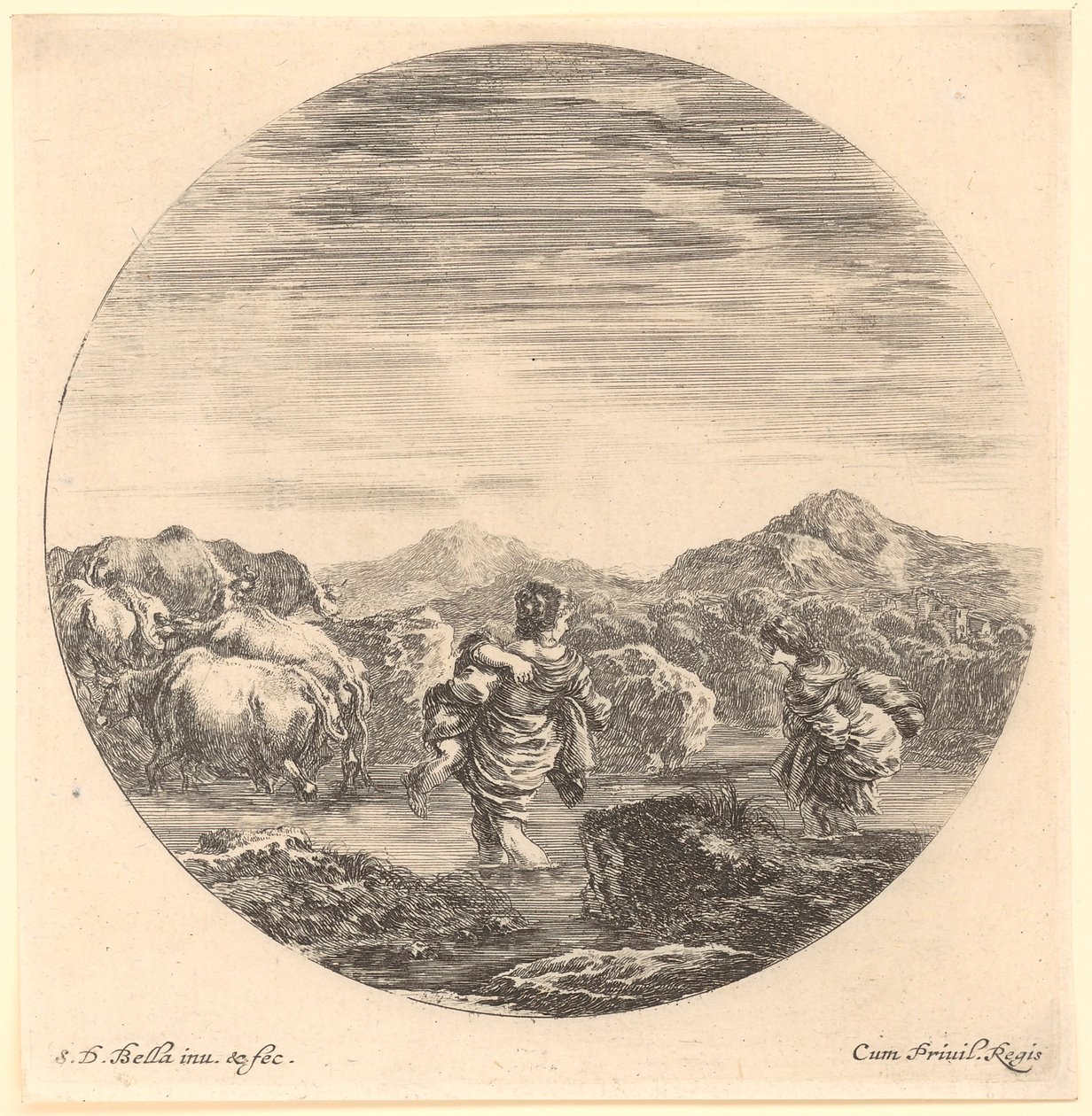 Zwei Frauen mit einer Kuhherde bei der Flussüberquerung, Blatt 4 der Folge "Sechs Tiermotive in runder Darstellung" von Stefano della Bella