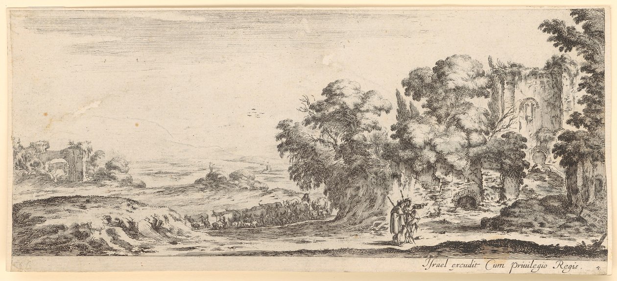 Zwei Pilger vor einer Ruine, im Hintergrund eine Viehherde von Stefano della Bella