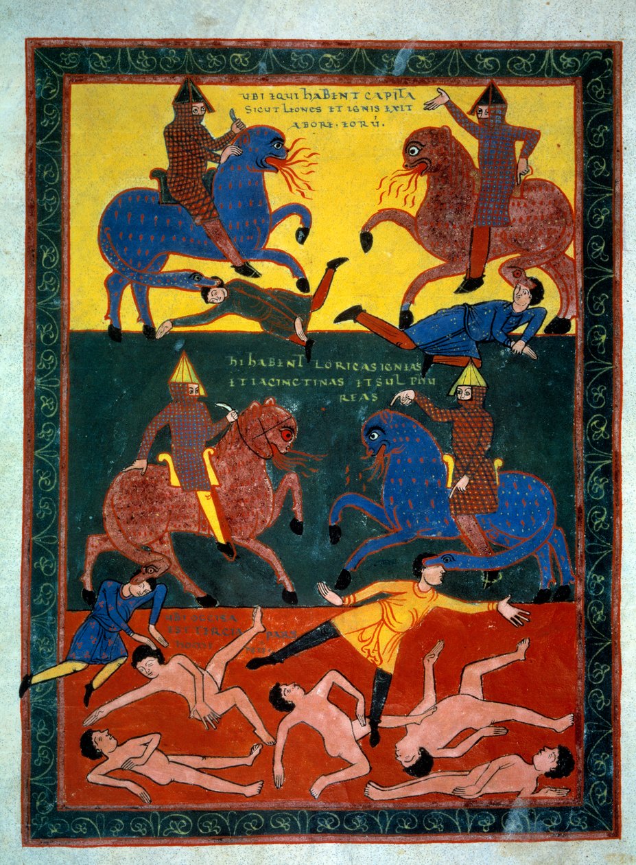 Die vier Ritter der Apokalypse. Der Engel bläst die sechste Posaune: das Erscheinen von Pferden mit Löwenköpfen, die Feuer spucken, Reiter mit Schlachtschiffen. Ein Drittel der Menschen stirbt. Miniatur in 