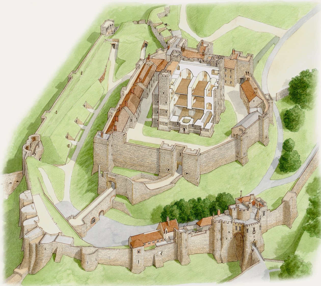 Dover Castle heute, ca. 1945-2023 (Tinte und Aquarell auf Papier) von Stephen Conlin