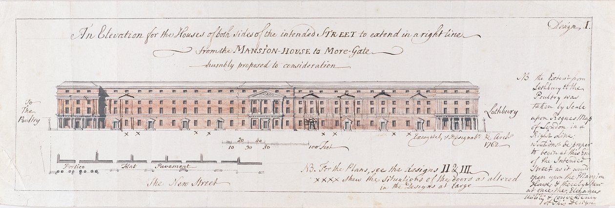 Entwurf für die Häuser auf beiden Seiten der geplanten Straße, die in einer geraden Linie vom Mansion-House nach More-Gate verlaufen soll, 1762 von Stephen Riou