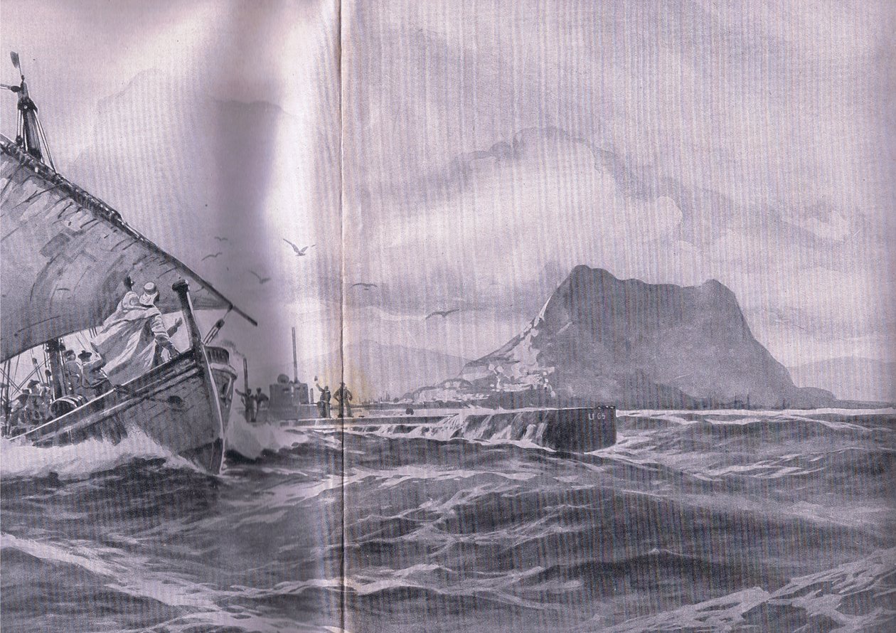Deutsches U-Boot durchquert die Straße von Gibraltar auf dem Weg zu den Dardanellen, aus Die illustrierte Geschichte des Weltkriegs 1914-1915, veröffentlicht von Union Berlagsefellfchaft von Willy Stoewer 