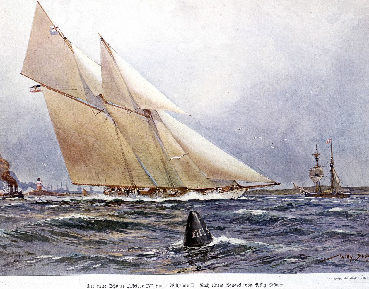Segelrennen: Das Segelboot „Meteor IV“ - Aquarell von Willy Stower von Willy Stoewer 