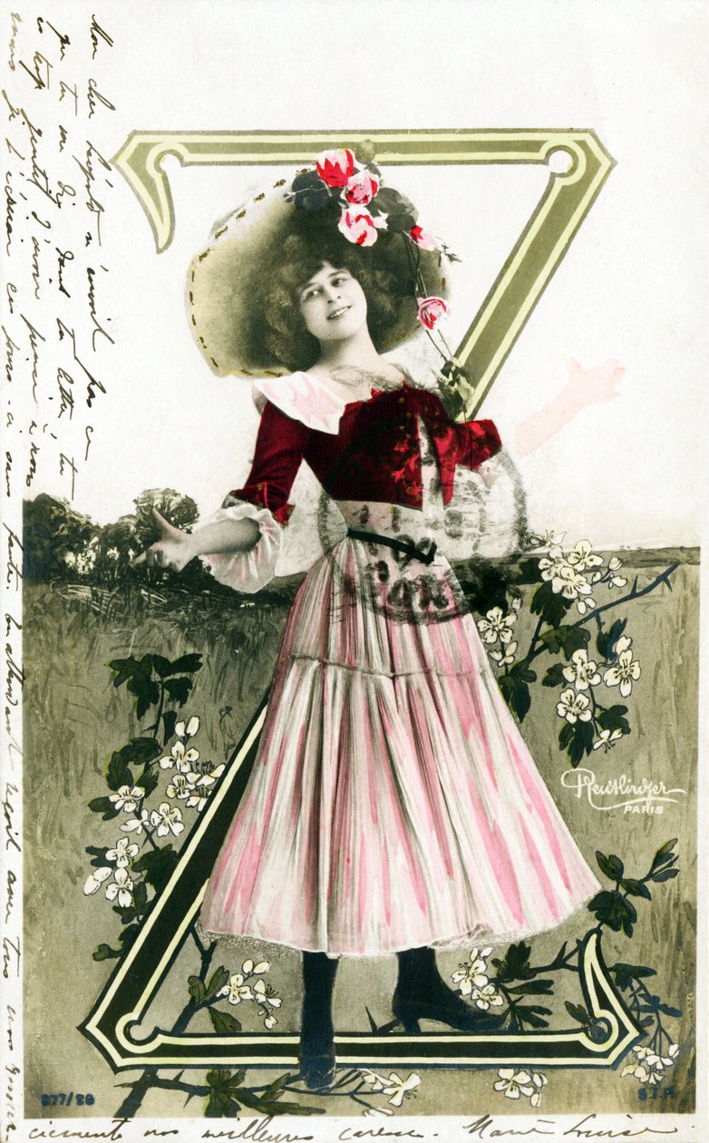 Constance Elise De Vere, französische Schauspielerin englischer Herkunft, geboren in Belgien, Alphabet auf Postkarte von Studio Reutlinger