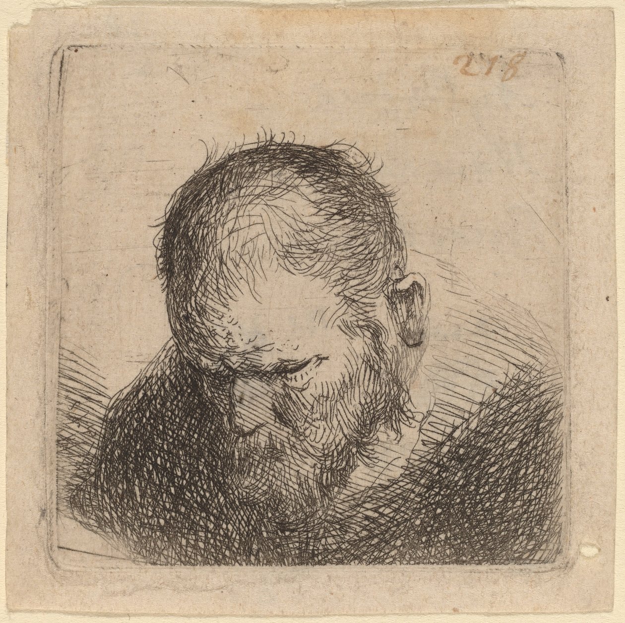 Bärtiger Mann, der nach unten schaut von Studio of Rembrandt van Rijn