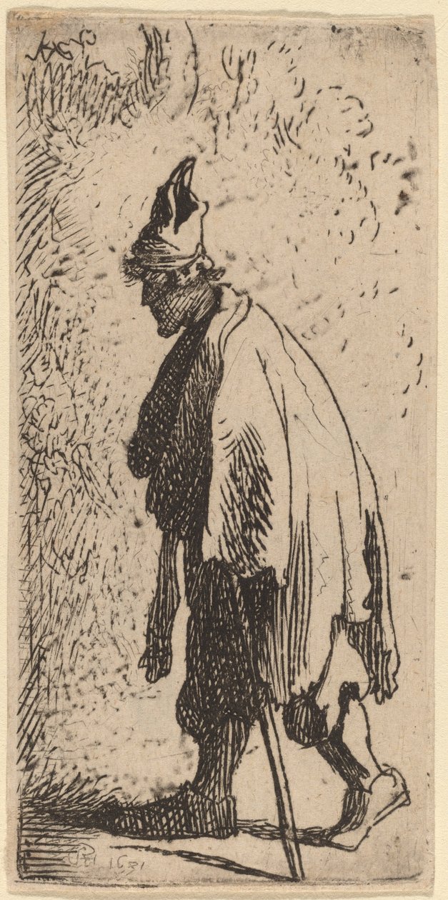 Bettler mit einem Stock, nach links gehend von Studio of Rembrandt van Rijn