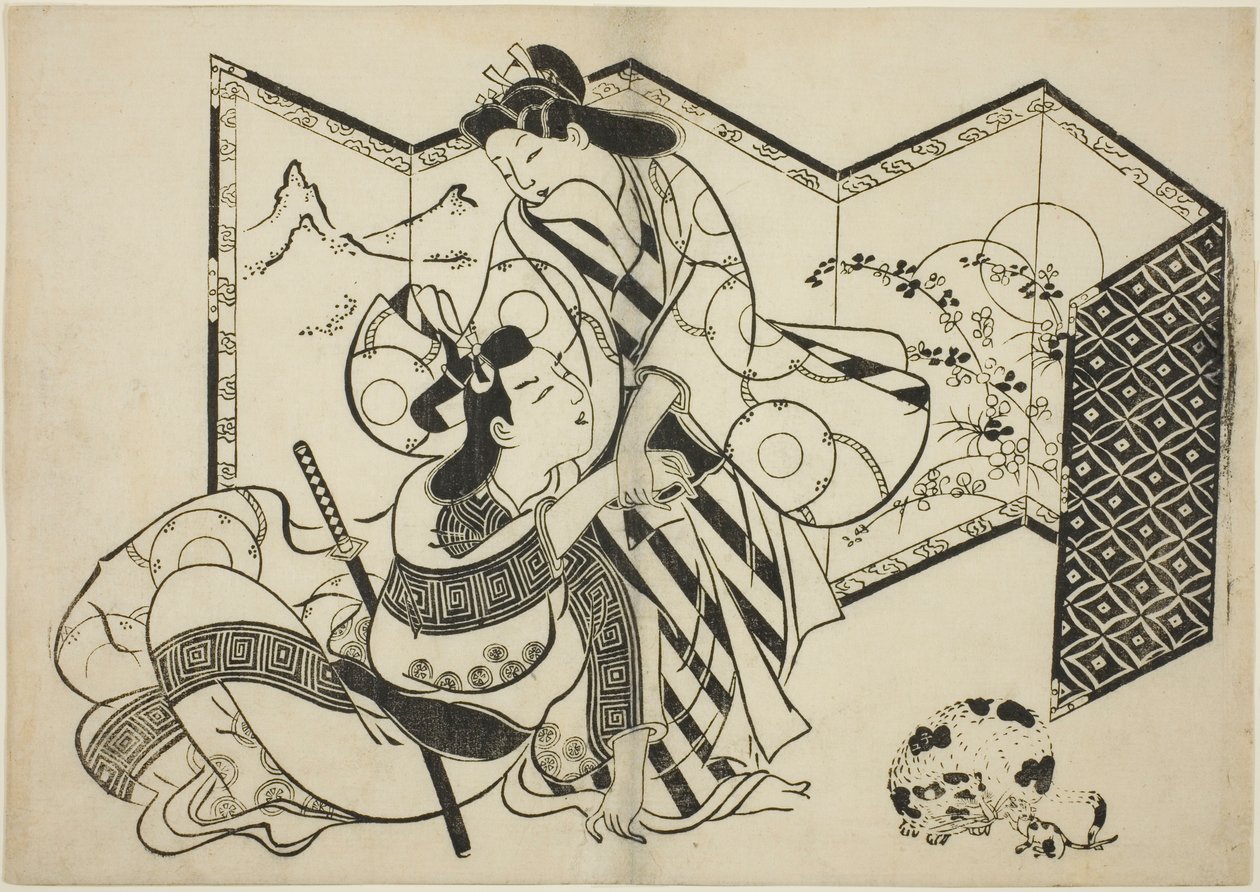 Liebende, eine Katze und eine Maus vor einem Paravent von Sugimura Jihei