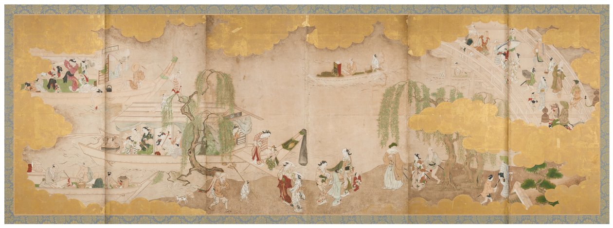 Picknick unter Kirschblüten und Bootsfahrt auf dem Fluss, Mitte des 18. Jahrhunderts von Sukenobu Nishikawa