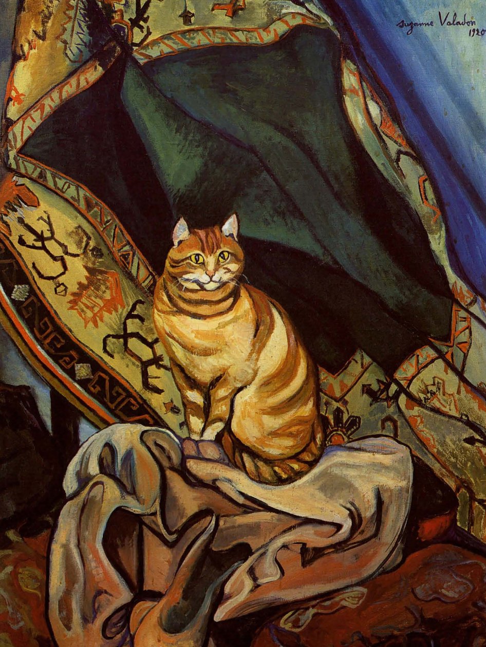 Die Katze Raminou sitzt auf einem Tuch von Suzanne Valadon