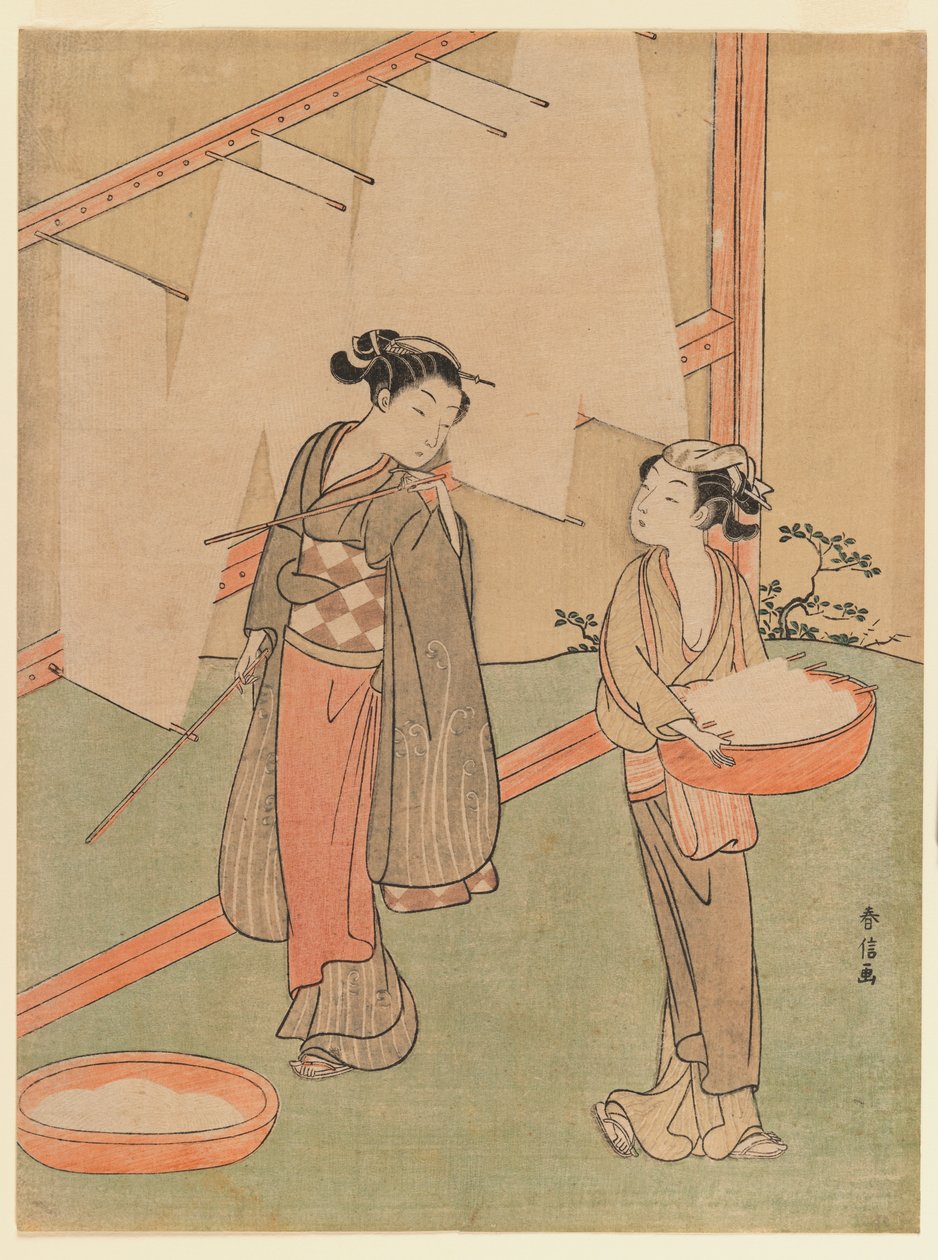 Junges Mädchen und Diener trocknen japanische feine Nudeln, ca. 1766 von Suzuki Harunobu