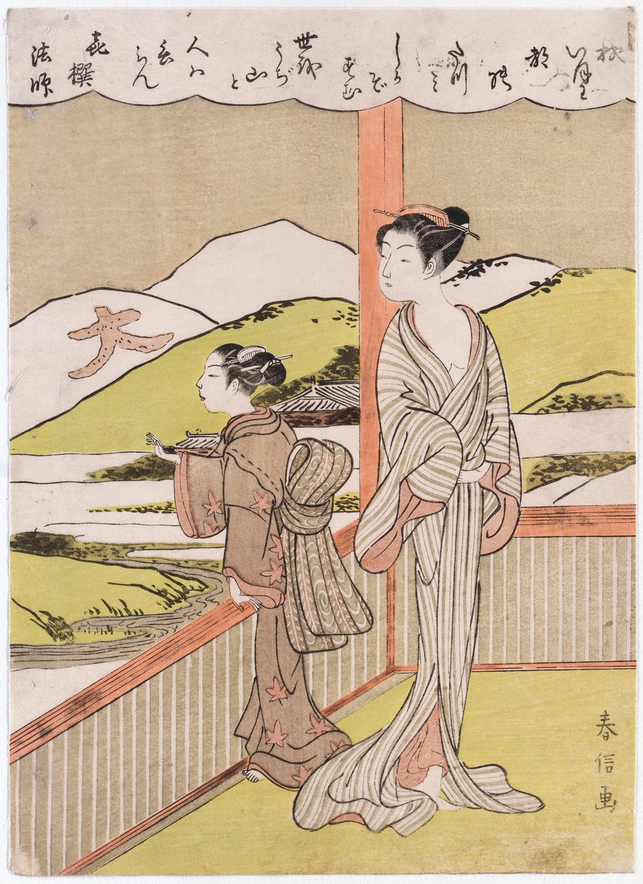Ein Gedicht über den Herbstmond von Kisen Hoshi, illustriert mit zwei Mädchen auf einer Veranda mit Blick auf eine Landschaft von Suzuki Harunobu