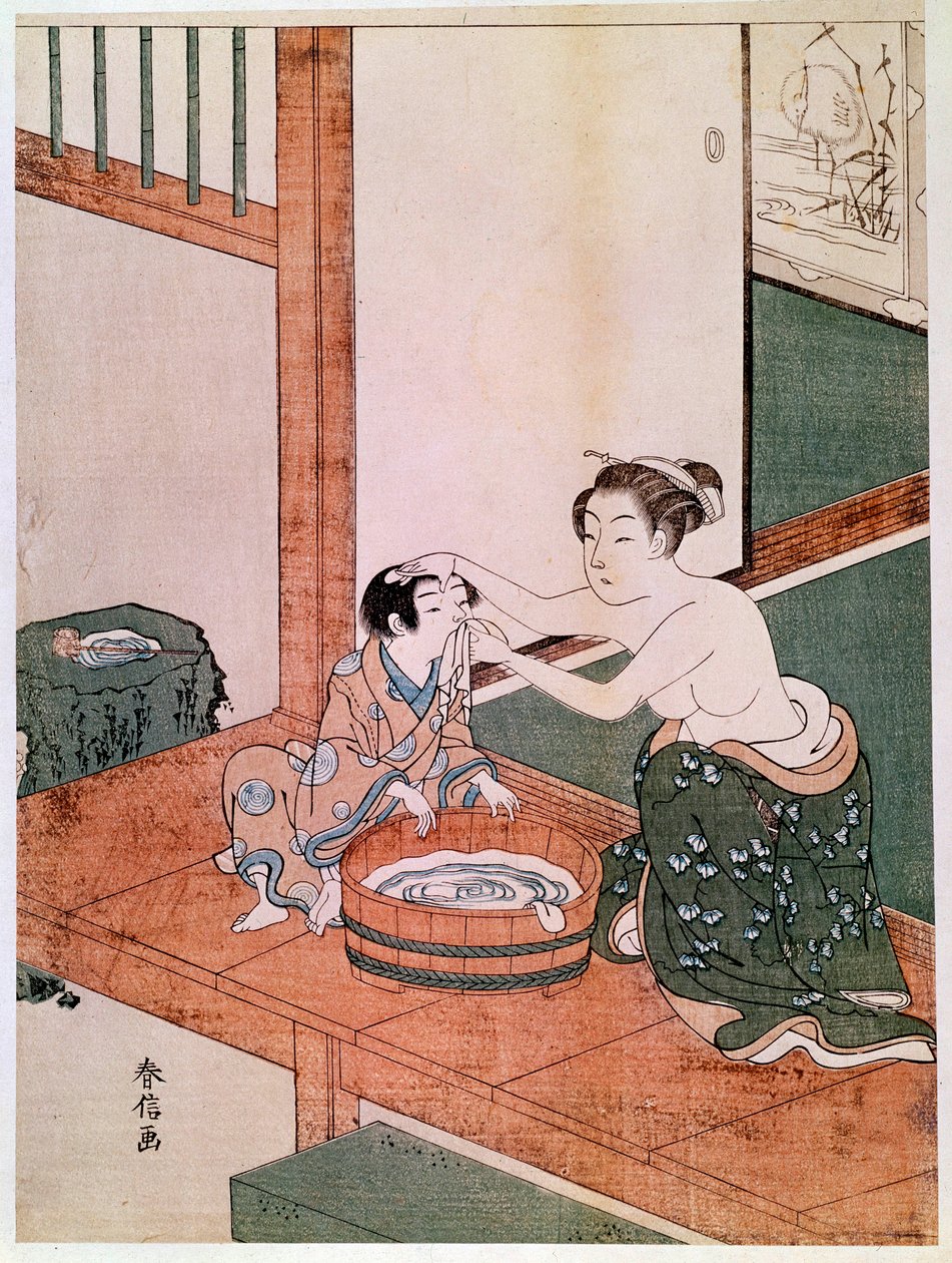 Eine nackte Mutter wäscht ihr Kind in Japan neben einem mit Wasser gefüllten Becken. Drucke von Haronobu Suzuki (1725-1770). 1766-1768. Paris, Guimet Museum, Nationalmuseum für asiatische Kunst von Suzuki Harunobu
